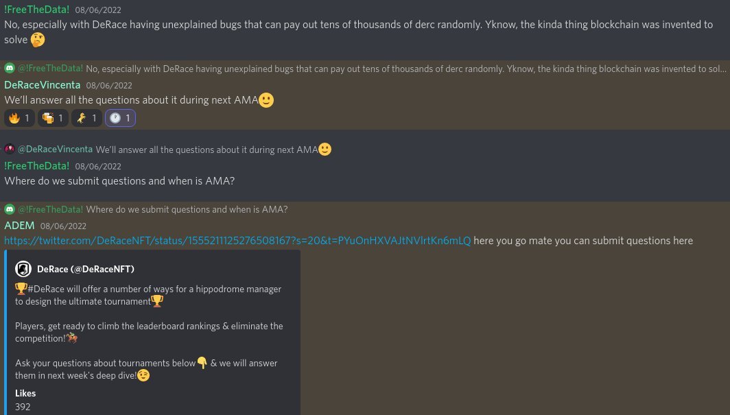 AMA:
When <a href="/DeRaceNFT/">zkRace</a> was pushed on the issue they promised that they had an AMA planned to address all our concerns. 

This was a lie.

There was no AMA planned and we got told to ask questions in an unrelated twitter thread to hide the issue.