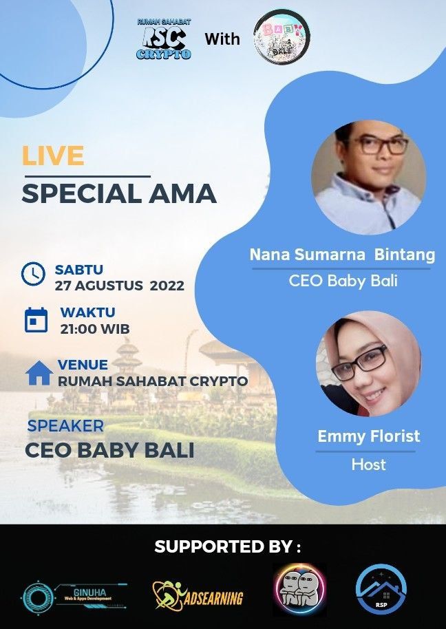BabyBali_BSC's tweet photo. 🎙SPESIAL LIVE AMA RSC WITH BABYBALI, On :
🗓 : Sabtu, 27 Agustus 2022
⏰ : 21.00 wib
📍 : @sahabat_cryptocurrency

TOTAL REWARD 100B BB TOKEN FOR 5 BEST QUESTION &amp; 50B BB TOKEN FOR 10 LOYAL LISTENER

#BabyBali #BabyBaliArmy #Cryptocurrency #BabyBaliGems #BabyBaliCommunity https://t.co/jeMlw836rW