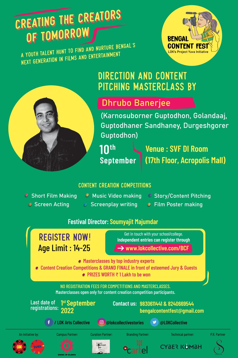 Learn the art of pitching your stories and making them into fascinating films from director <a href="/dhrubo_banerjee/">dhrubo banerjee</a>  at LOK Project Yuva's initiative Bengal Content Fest supported by #SVF. Register now on lokcollective.com/BCF. 

<a href="/LOKCollective/">Lok Arts Collective</a> <a href="/soumyajitLOK/">soumyajit majumdar</a>
<a href="/AhanaSVF/">AhanaK</a> <a href="/abhishekdagaa/">abhishek daga</a>
