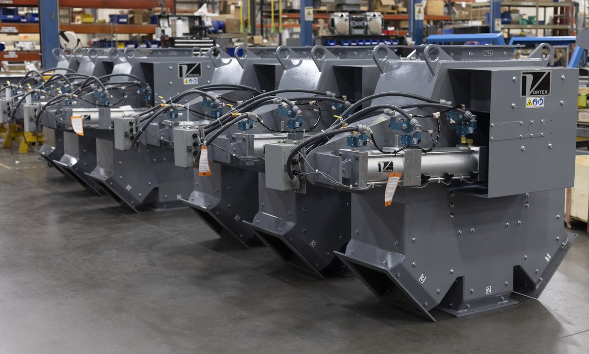 VortexValves's tweet photo. #FeatureFriday Vortex Pivoting Chute Diverters (PCD) line up waiting for shipment. Seven of these PCDs have 3 leg offshoots, while another three PCDs have 2 leg offsets. All are carbon steel and will be installed in a Mexico facility. #aggregatehandling #diverters #globalcompany https://t.co/WqfJGZsNkO