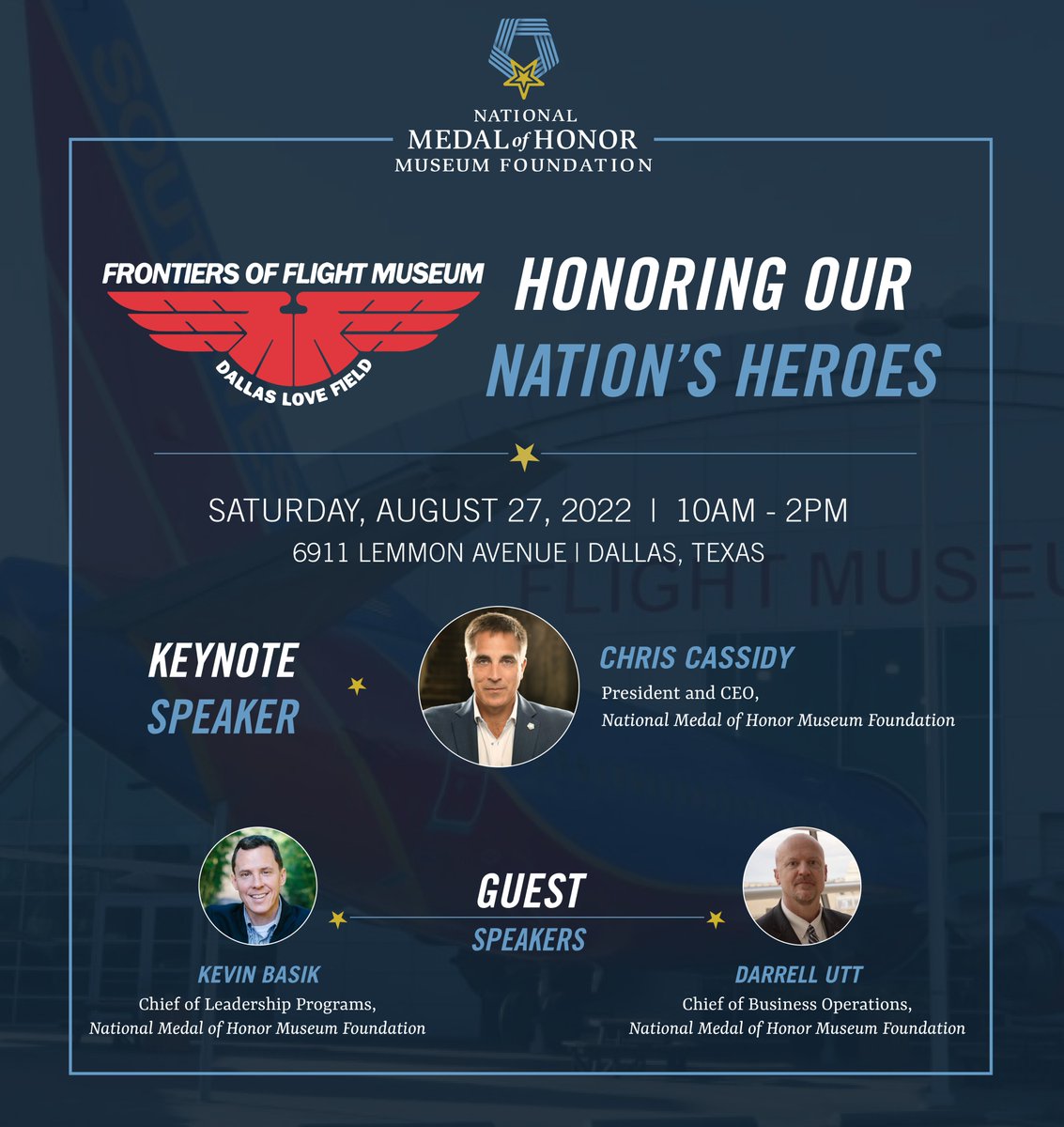 National Medal Of Honor Museum (@mohmuseum) on Twitter photo The <a href="/FrontofFlight/">Frontiers of Flight Museum</a> Museum will be hosting an event tomorrow, 8/27: Honoring Our Nation's Heroes. This annual event is a tribute to veterans, active-duty military, first responders & their families and will be free to all attendees! Join us for powerful veteran presentations. The <a href="/FrontofFlight/">Frontiers of Flight Museum</a> Museum will be hosting an event tomorrow, 8/27: Honoring Our Nation's Heroes. This annual event is a tribute to veterans, active-duty military, first responders & their families and will be free to all attendees! Join us for powerful veteran presentations.