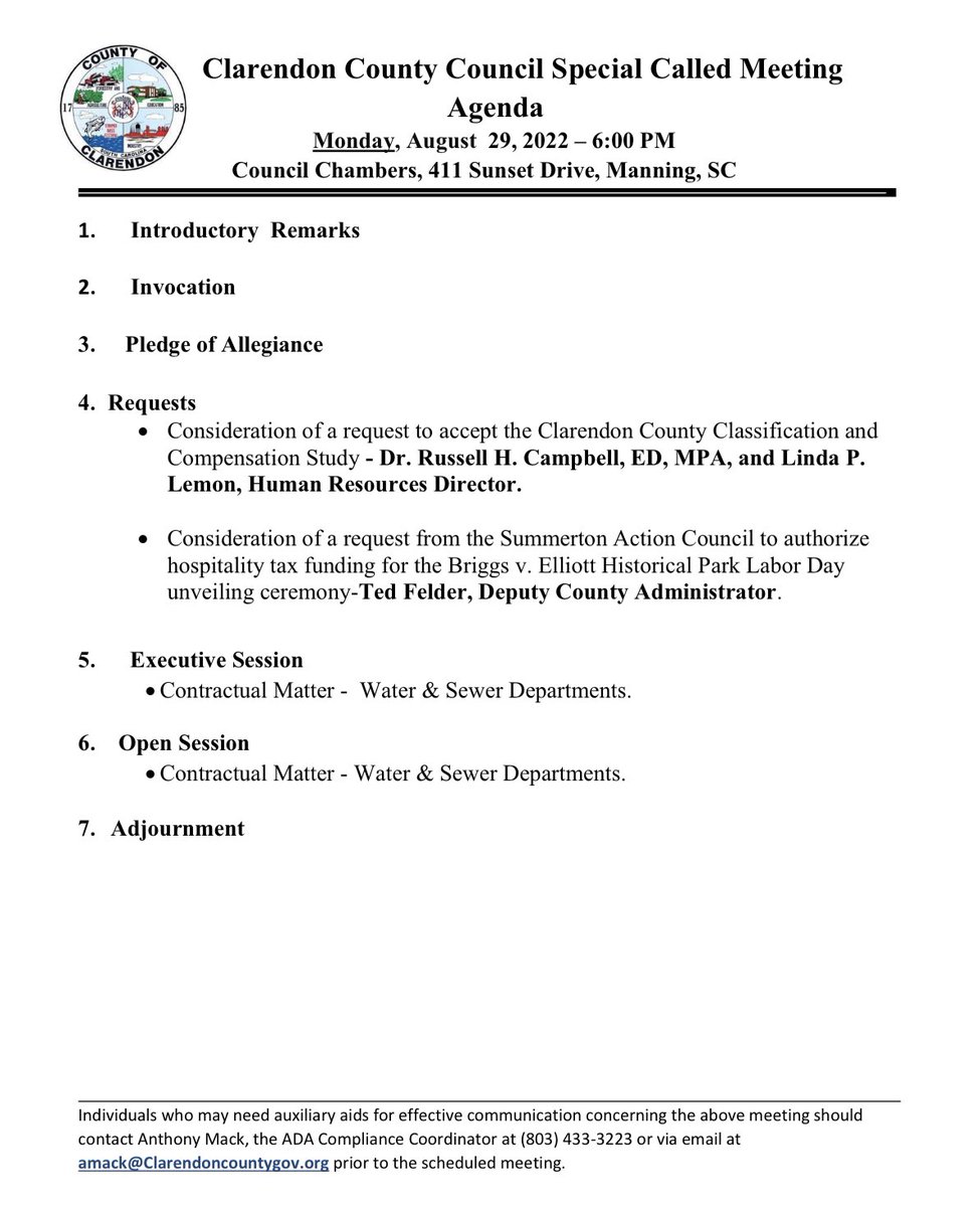 Clarendon County Special-Called Council Meeting will be held Monday, August 29, 2022 at 6:00 PM
📍Clarendon Council Chambers, 411 Sunset Drive | Manning, South Carolina 29102