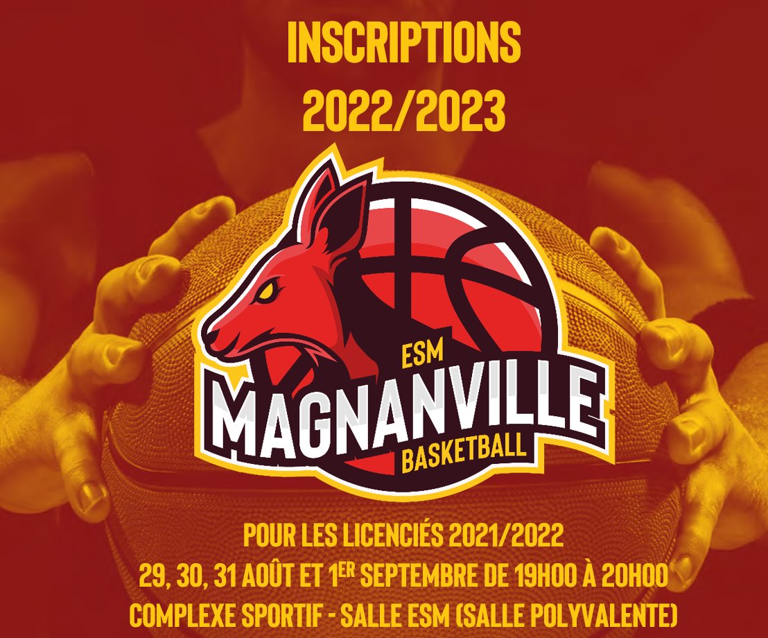 magnanville_bb's tweet photo. Permanence pour les inscriptions des adhérents 2021/2022 les 29, 30, 31 août et 1er septembre de 19h00
à 20h00 dans la salle ESM du complexe sportif (sous la salle polyvalente). Les tarifs des cotisations 2021/2022 seront appliqués pendant ces inscriptions #TeamESMBB #Magnanville https://t.co/Df8K8KqAuD