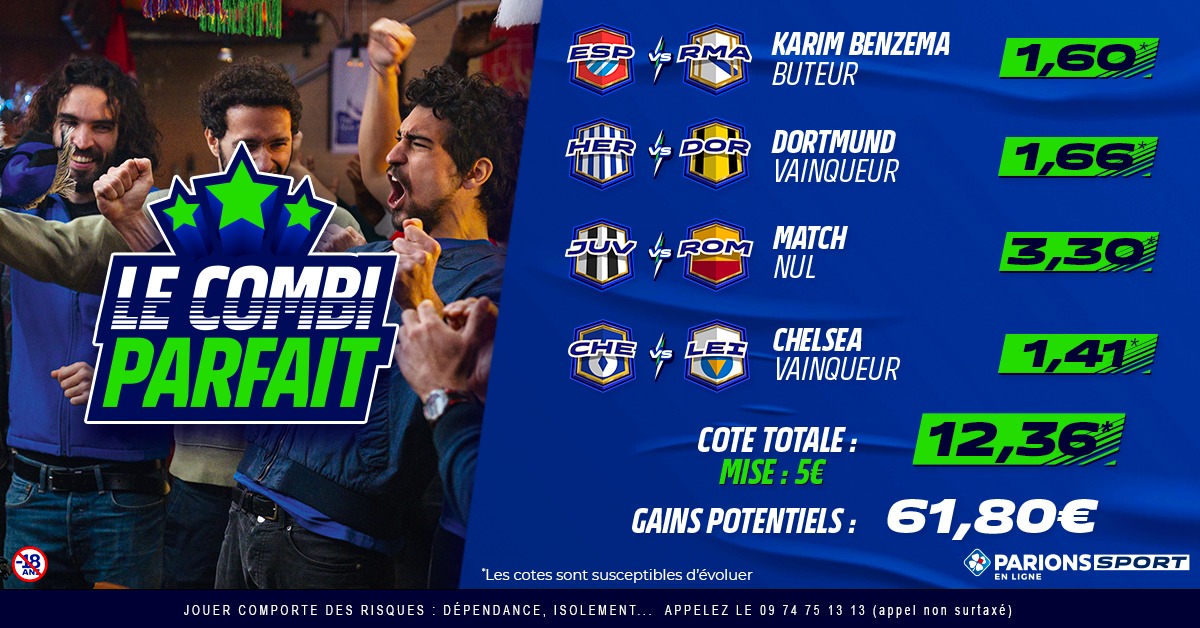 ParionsSport's tweet photo. Un choc en Serie A, des belles affiches en PL, Liga et Bundesliga. Voici votre #CombiParfait 🔥

S'il ne passe pas, on vous régale avec 5x10€ de freebets ! #EnLigne

Pour jouer :
1️⃣ RT+Follow @ParionsSport
2️⃣ Commente avec le #CombiParfait en nous disant s'il passe ou pas. https://t.co/9K8eMhLlVI
