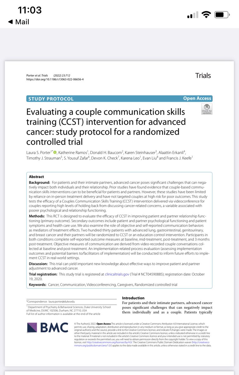 Delighted to share the protocol paper for our R01 study testing a couple communication skills training intervention for advanced cancer  @KRamosPhD @kleophd @Mertonbike @devon_check @yzafar @steinhaus1