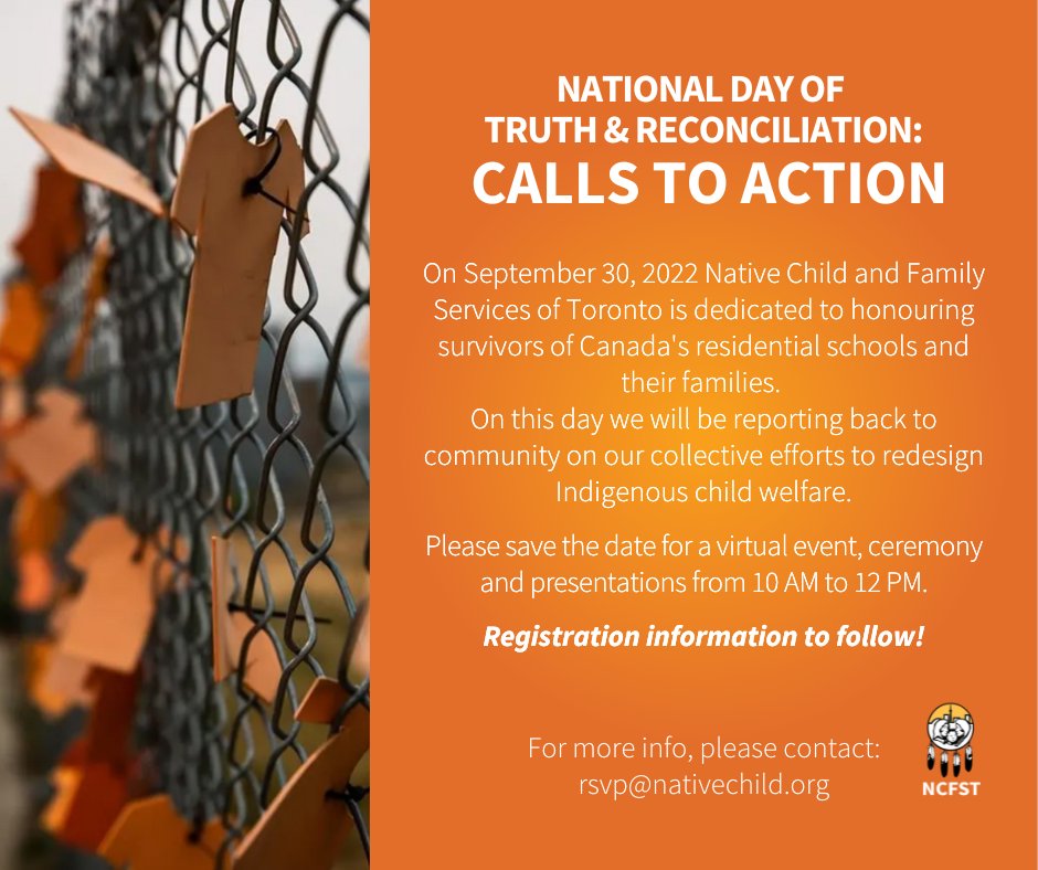 📣 SAVE-THE-DATE!!!
#NCFST invites you to a virtual event on Sept 30 at 10AM-12PM where we will honour residential schools survivors and their families, and feature a presentation on our collective efforts to redesign Indigenous child welfare. 
Registration link to follow! 
#NDTR