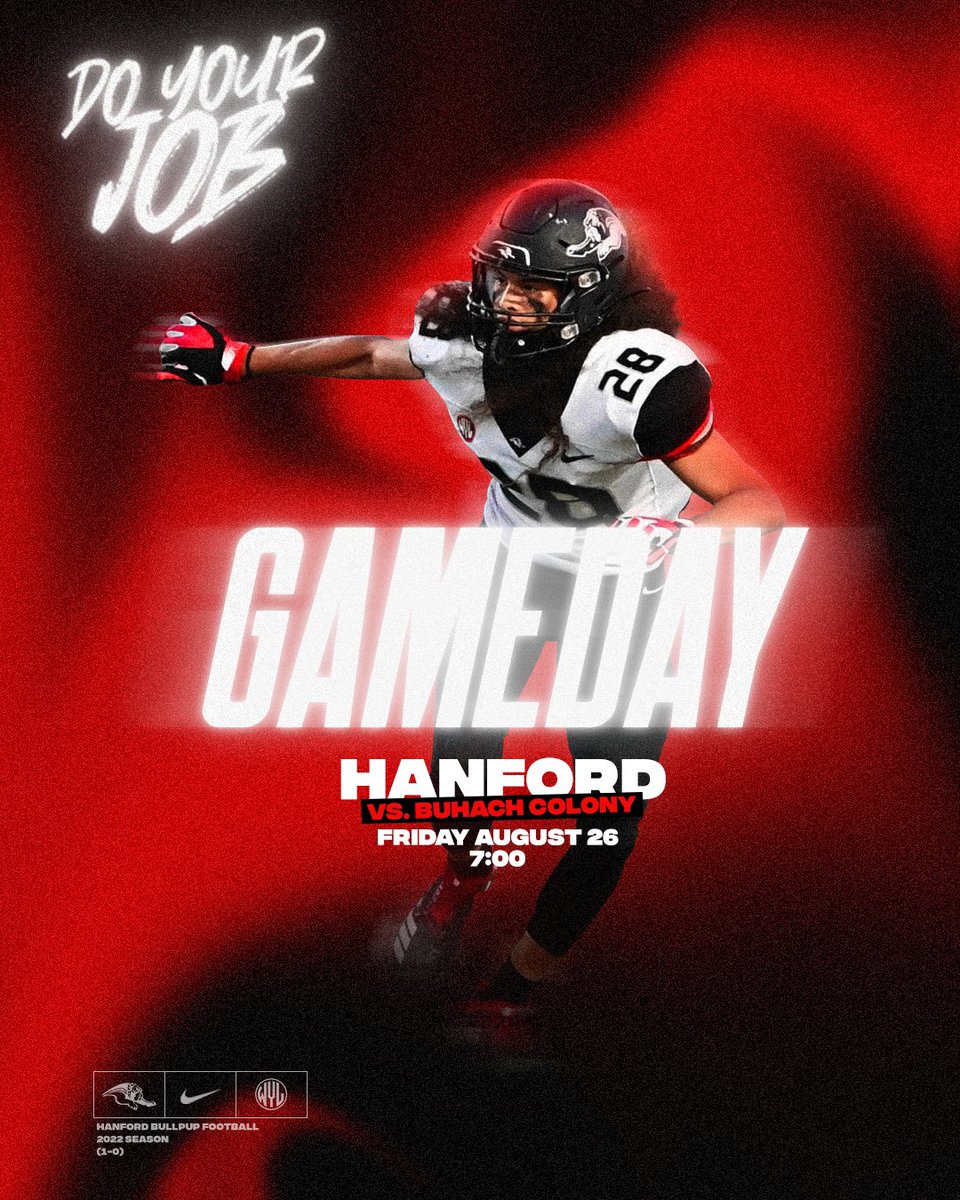 FootballHanford's tweet photo. 𝗜𝘁’𝘀 𝗚 𝗔 𝗠 𝗘   𝗗 𝗔 𝗬‼️

🆚 Buhach Colony Thunder
📍 Atwater, CA
🏟️ Dave Honey Stadium
⏰ 7:00pm
📺 Streaming @NFHSNetwork 

#DoYourJob🧰 | #PupSzn🐾 https://t.co/NFbFiwQtGe