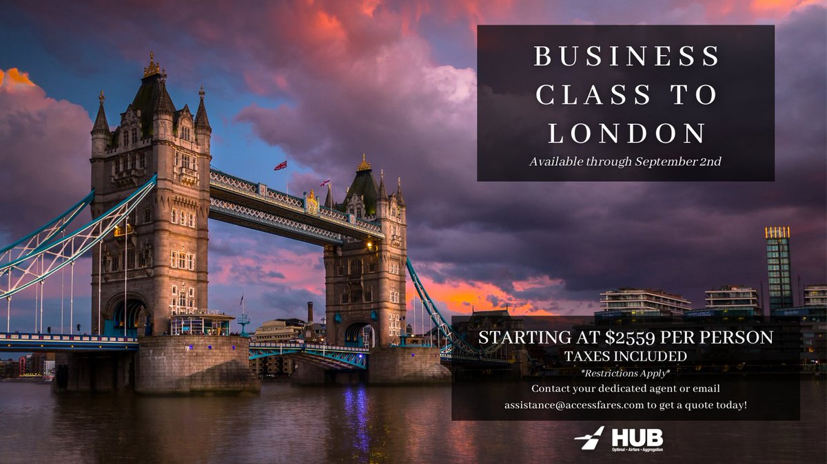 HubFares's tweet photo. Deal of the week! Low fares to London, starting at $2559 per person!

Email assistance@accessfares.com for more info today.

#travel #aviation https://t.co/L5VR0TTPhr