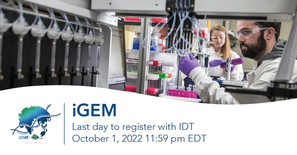 Integrated DNA Technologies (@idtdna) on Twitter photo .<a href="/iGEM/">iGEM Headquarters</a> <a href="/iGEMCommunity/">iGEM Community</a> Competition teams: Do you have any questions about how to set up your experiment? We have support specialists ready to help: idtb.io/28y4gv
#iGEM22 #IDTdna #iGEM #iGEM2022 .<a href="/iGEM/">iGEM Headquarters</a> <a href="/iGEMCommunity/">iGEM Community</a> Competition teams: Do you have any questions about how to set up your experiment? We have support specialists ready to help: idtb.io/28y4gv
#iGEM22 #IDTdna #iGEM #iGEM2022
