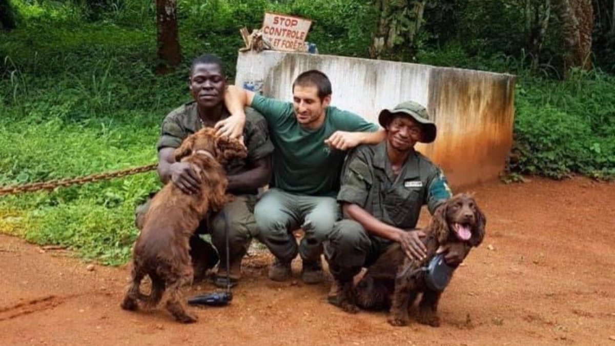 NATIONAL DOG DAY. We today celebrate our K9 friends who play a crucial role in protecting wildlife as anti-poaching unit dogs. Here are detection dogs Bobby &amp; dearly departed Mitch, who we sadly lost to a fatal eye infection in Sept 2020, with their handlers &amp; our trainer Yoann.