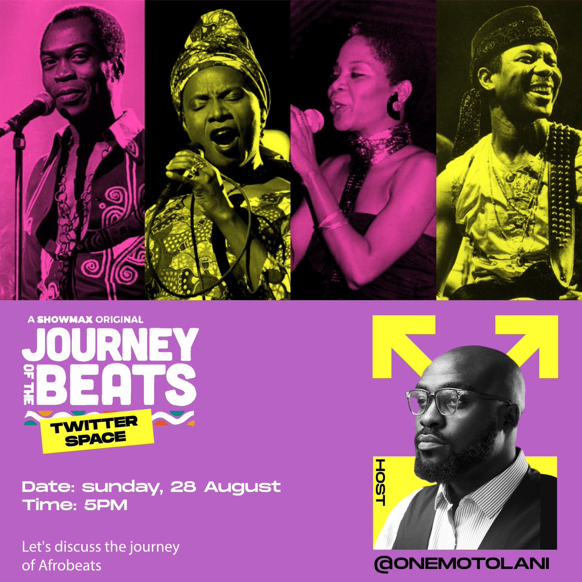 Hey guys, so I will host a space about 'The Journey of Afrobeats' documentary, alongside Obi Asika (<a href="/obiasika/">Obi Asika</a>), Sesan Adeniji (<a href="/sesanadeniji/">sesan adeniji</a>) and Ed Keazor. 

Date: Sunday, August 28, 2022
Time: 5pm

Join us, it will be dope. 
Link: x.com/i/spaces/1nAJE…