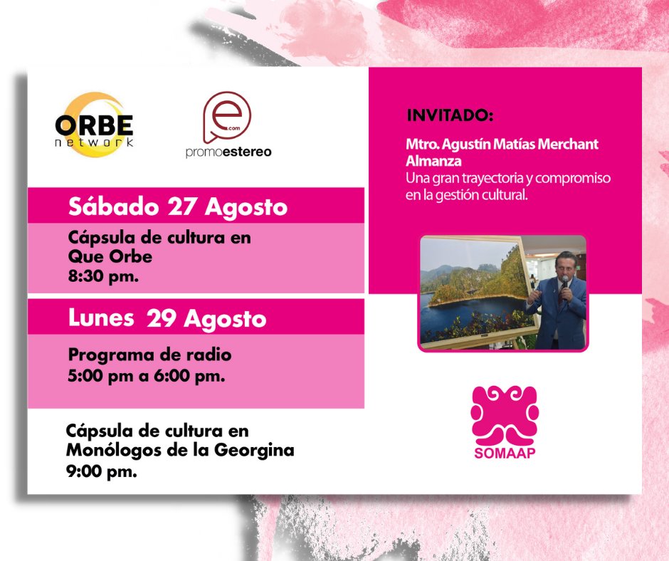 somaap's tweet photo. ¡Transmisión imperdible de esta semana!
Entrevistas exclusivas con miembros de nuestra Sociedad de Artistas y cápsulas con todo lo que necesitan saber sobre #cultura en nuestro país 🤩
Sintoniza todos los sábados de 8:30pm a 9pm
#artedigital #arteycultura #somaap #OrbeNetwork https://t.co/jv41lBQs5o