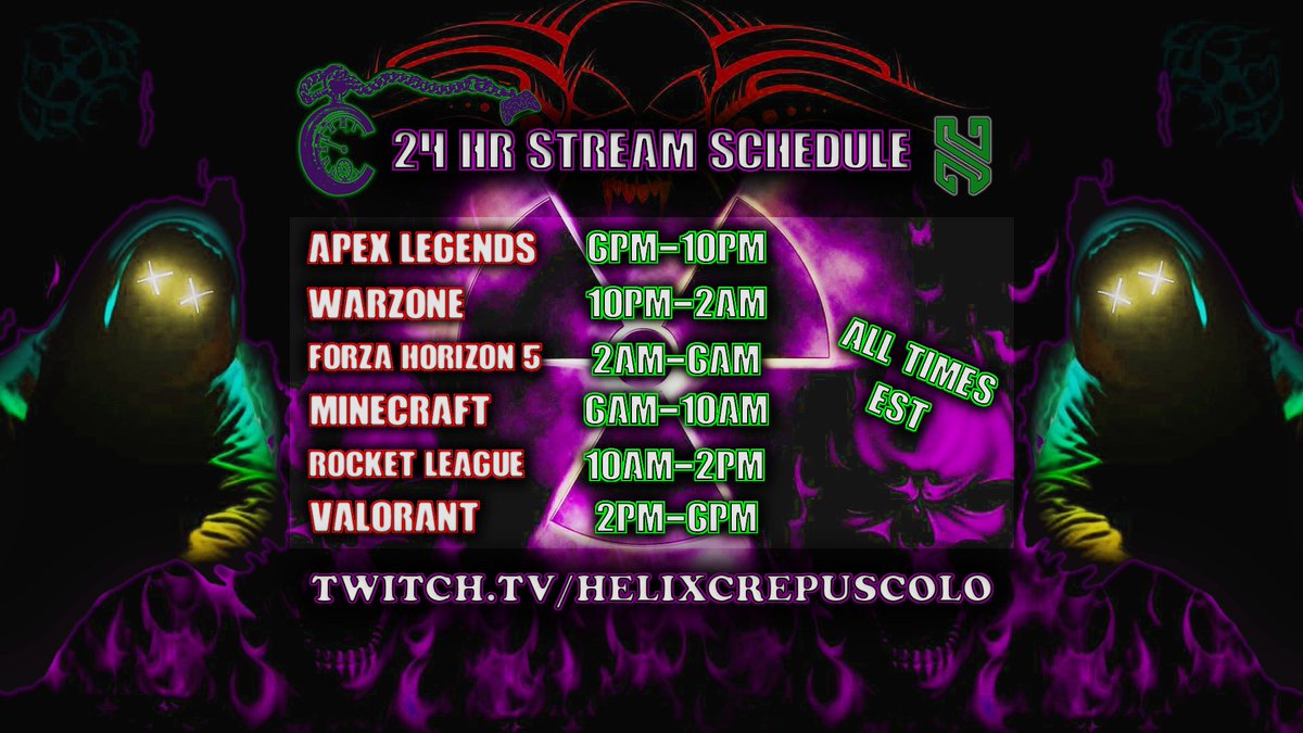 HelixCrepuscolo's tweet photo. Thank you everyone for all the love and support on stream this week! 24 HR Stream tonight starting at 6pm EST running to 6pm Tomorrow, Tune in for positive vibes and a great time! See you there fam🔥 Here is the Schedule!

https://t.co/stJuDp3NIw https://t.co/wMhJ9669Ek
