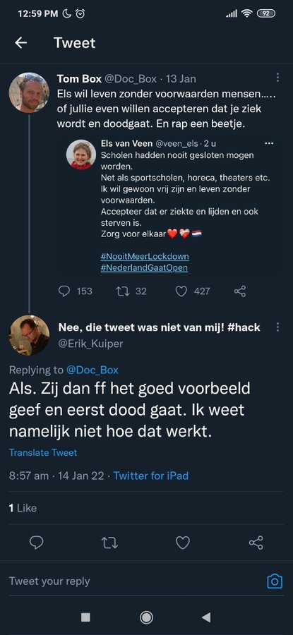 veen_els's tweet photo. @Erik_Kuiper @rblommestijn Was u dan ook gehackt bij deze tweet van u over mij? Toen wenste u deze hardwerkende huisarts namelijk dood... 
@Het_OM @POL_Haarlem https://t.co/QuglzTxMBG
