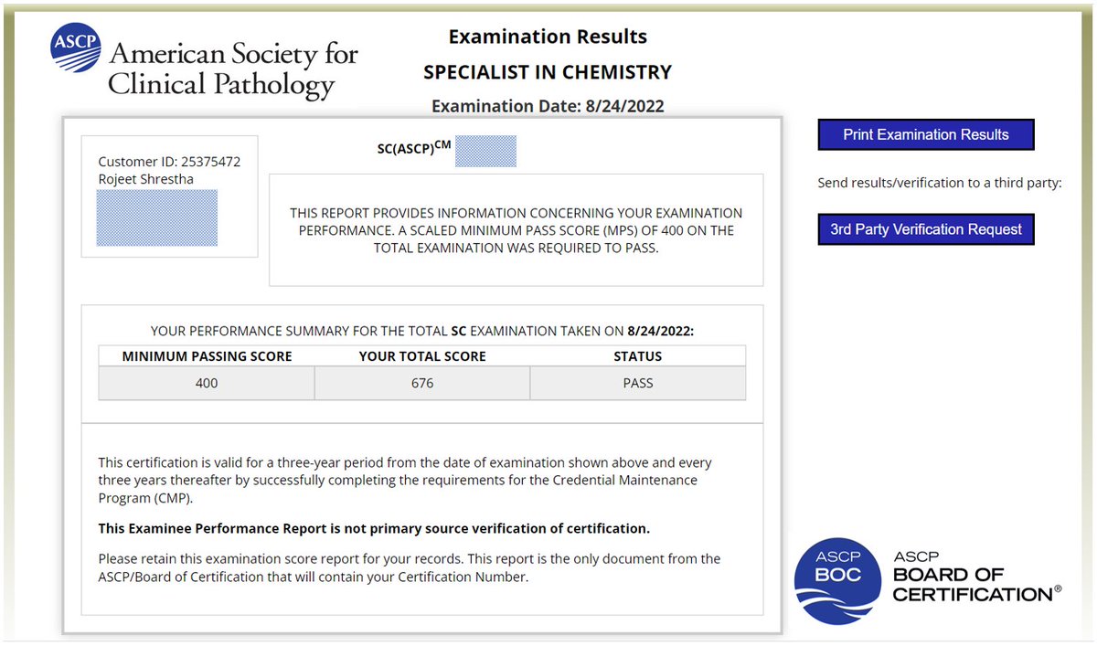 Rojeetshrestha's tweet photo. One more certification achievement accomplished - Specialist in Chemistry. 
2021 Examination Statistics for ASCP Specialist in Chemistry: 
Mean: 412 ± 112
Range: 188 - 664 https://t.co/kSuK1TJsum