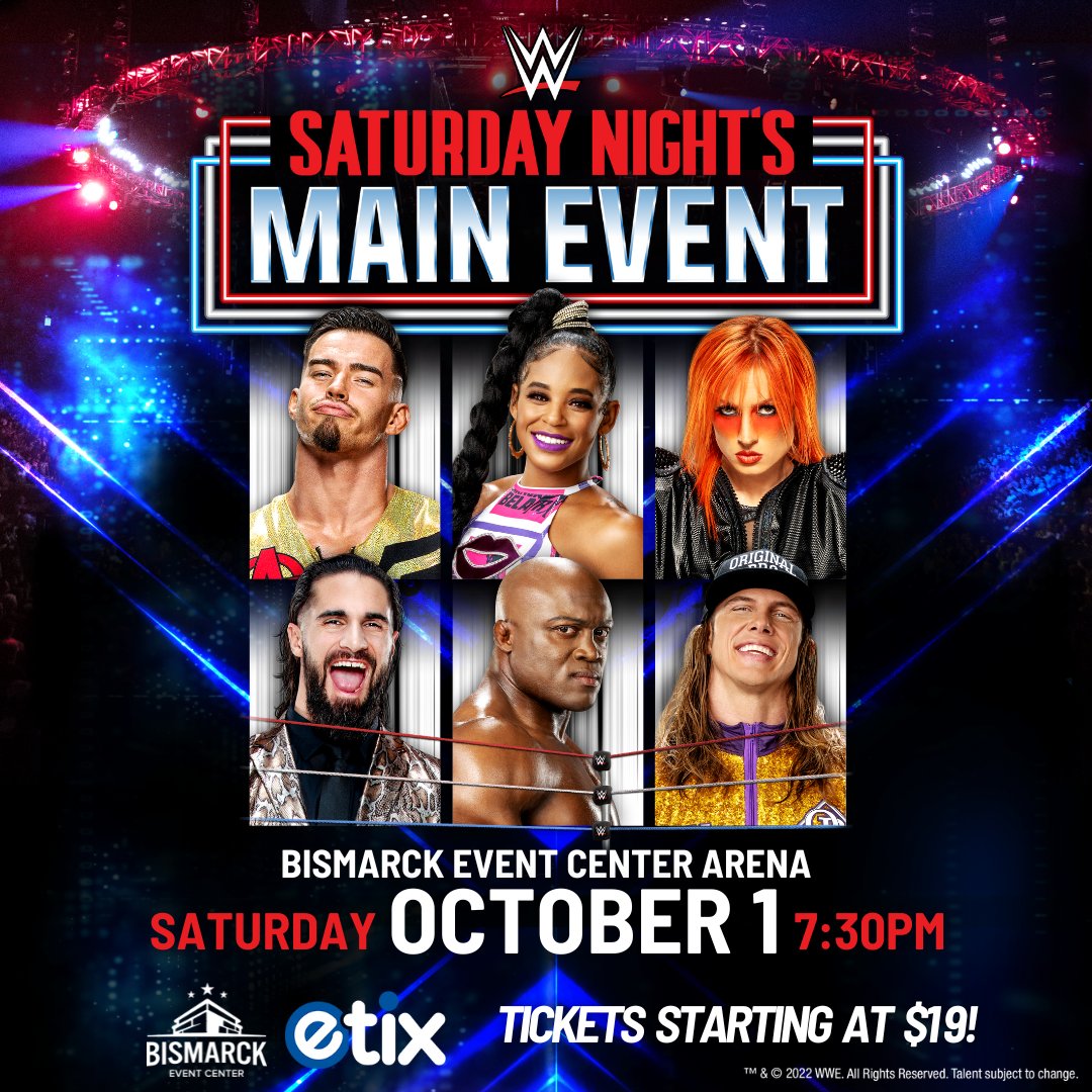 👊👊 ARE YOU READY???

WWE is coming back to Bismarck October 1st!
Check it out --&gt; bit.ly/WWEBismarck

Tickets:
🚶: Visit the Box Office
📞: 800-514-3849
🎟: bit.ly/saturdaywwe22