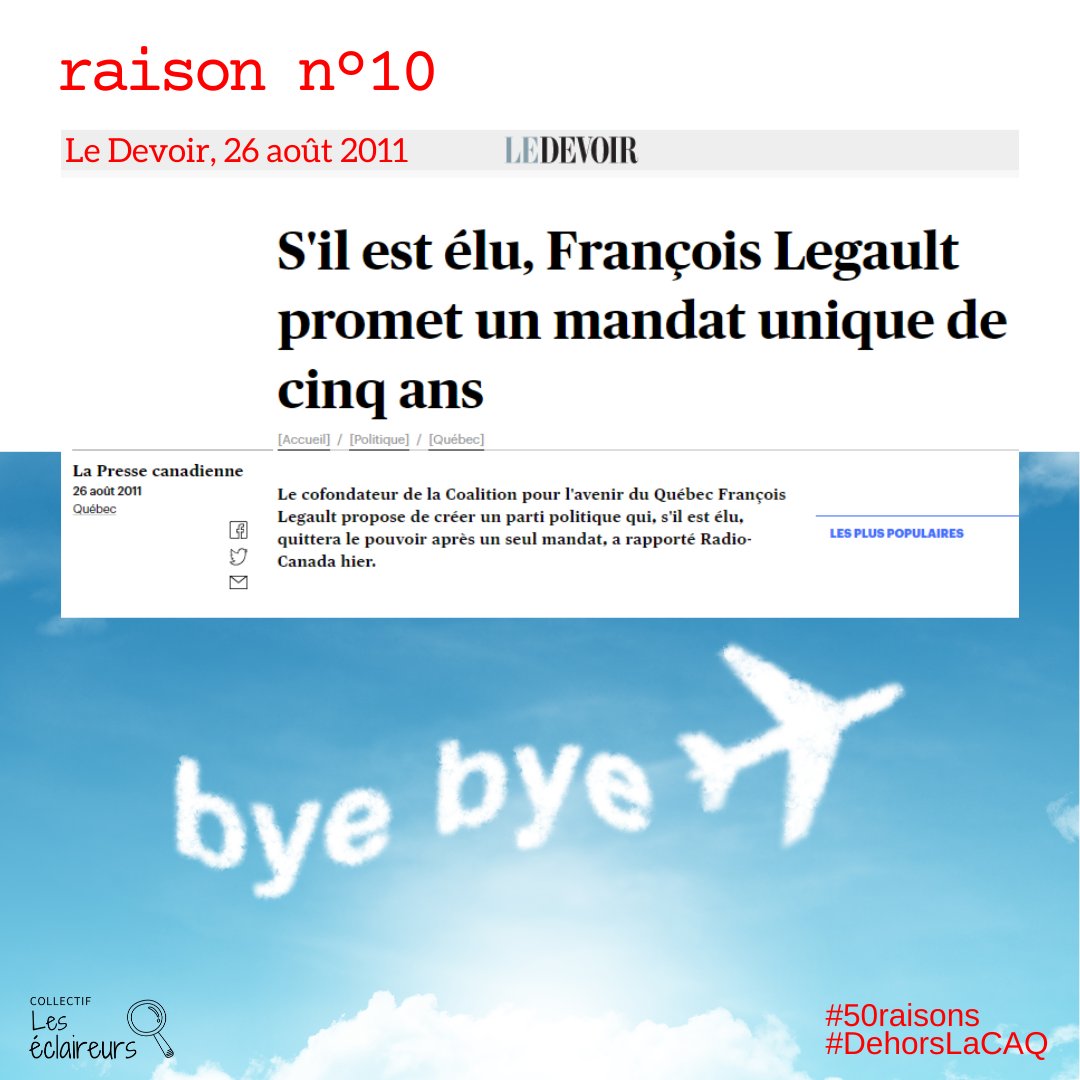 50 raisons de ne PAS voter pour la CAQ.
#DehorsLaCAQ #50raisons #JeMeSouviens 
Raison no 10 : François Legault devrait respecter sa parole.... et quitter après son premier mandat.
ledevoir.com/politique/queb…
(10/50)