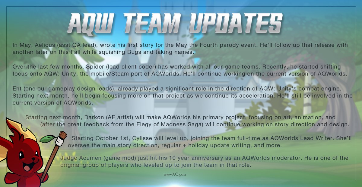 Alina_AE's tweet photo. AQW team members are leveling up, celebrating, and taking on new roles! Each began as a member of our player community, so we wanted to share their victories and good news with you, too! @Aelious_AE @133spider @Eht_AE @notdarkon @Cylisse_AE @JudgeAcumen https://t.co/m5csV5TO7F https://t.co/l2zbDzUvxG