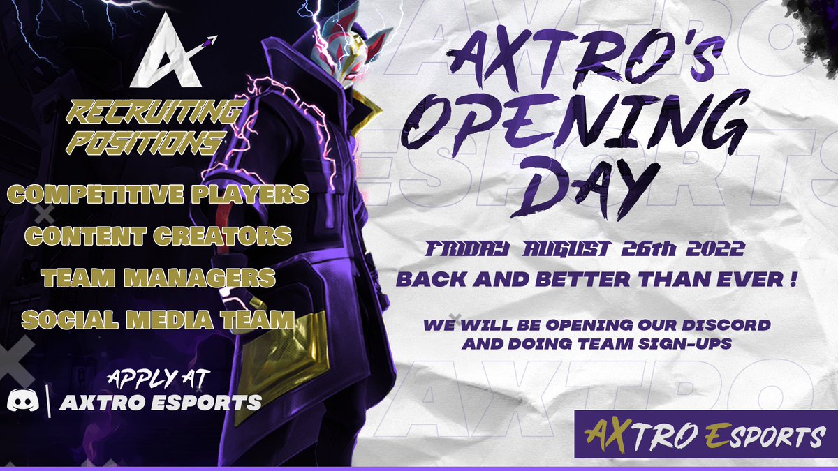 AxtroEsp's tweet photo. Axtro Esports will be opening its doors to all members and fans Today ! The team has new owners and management that will be pushing for a better, stronger future. Want to join a new Esports team ? Apply within the discord at the Apply channel ! https://t.co/DPaVa81UYN #AXonTOP https://t.co/dgxp5zK8tM