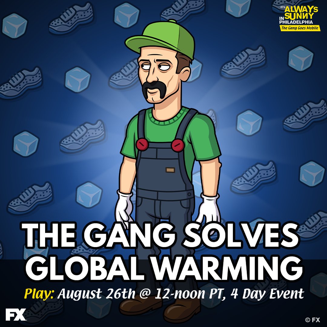 AlwaysSunnyGame's tweet image. As a record-breaking heat wave overtakes Philly, the Gang tries to make a quick buck! Jump into this 4-day event and unlock Green Plumber Dennis! 🌎🔥🧊