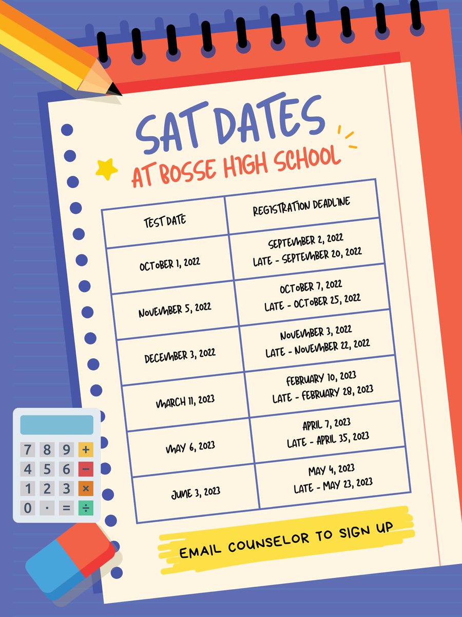 BosseCounselors's tweet photo. SAT dates to test at Bosse 
Contact your counselor to sign up! https://t.co/XtSxkXw576