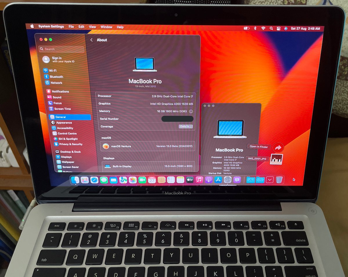OCLP Alpha testing macOS Ventura Beta 6 on unsupported MacBook Pro 13 inch Mid 2012 with working Intel HD Graphics 4000.

OCLP Team does a great job bringing something that was thought to be near impossible two months ago.