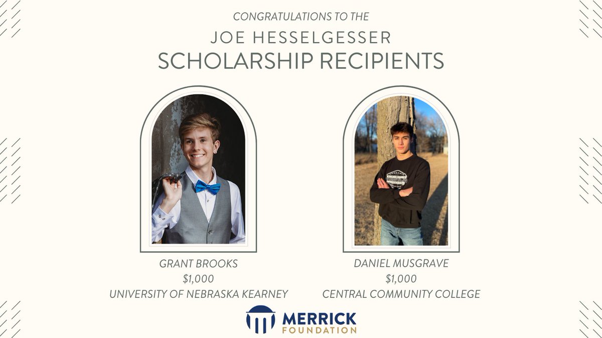 MerrickFndn's tweet photo. Mr. Hesselgesser generously donated money to provide two additional scholarships following our initial round of awards last spring. Words can't express our gratitude for all that he does! After careful consideration, two recipients were selected. Congratulations Grant and Daniel! https://t.co/xq0MhXPIOG