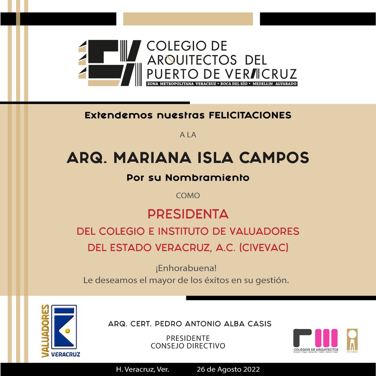 capver_ac's tweet photo. El Colegio de Arquitectos del Puerto de Veracruz y su Consejo Directivo encabezado por nuestro Presidente el Arq. Cert. Pedro Antonio Alba Casis, le deseamos muchas felicitaciones por su Nombramiento como Presidenta del CIVEVAC, a la Arq. Mariana Isla Campos.
#CAPVER #Valuador https://t.co/GzfWLFtq1M