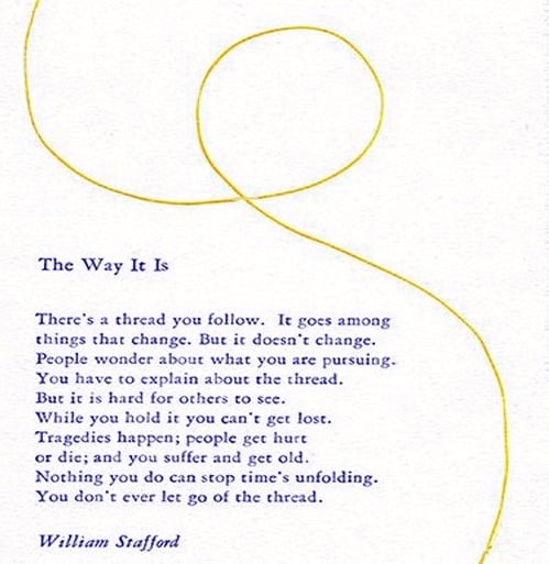 ElizabethAWhite's tweet photo. "The Way It Is" by William Stafford. — Hold on, folks. Hold on. #poetry #poetrycommunity #FridayReads #invisiblethread https://t.co/TxPHdhGqyP