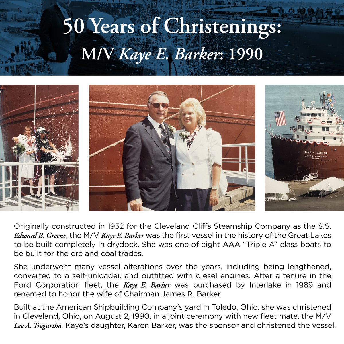InterlakeSSCo's tweet photo. Less than a week until we christen our new 639-ft M/V Mark W. Barker on Sept. 1 in Cleveland making it the perfect time to highlight Interlake Christenings during the last 50 years! πΊπΈβοΈπΎ#MadeInAmerica #USBuilt #USCrewed #USOwned #christening #breakoutthebubbly #FreighterFriday https://t.co/zcThbOqbQS