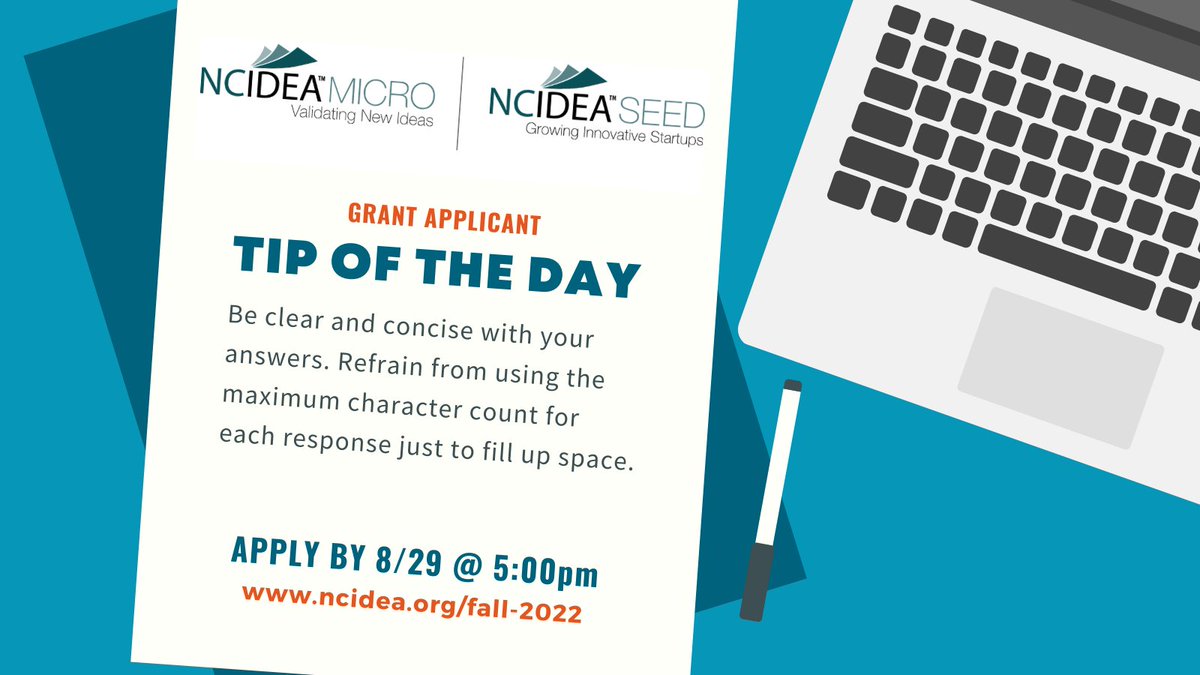 #NCIDEAMICRO and #NCIDEASEED grant applicant #TipOfTheDay: Be clear and concise. Quality > Quantity. Apply by 8/29 at 5:00pm EST at ncidea.org/fall-2022/