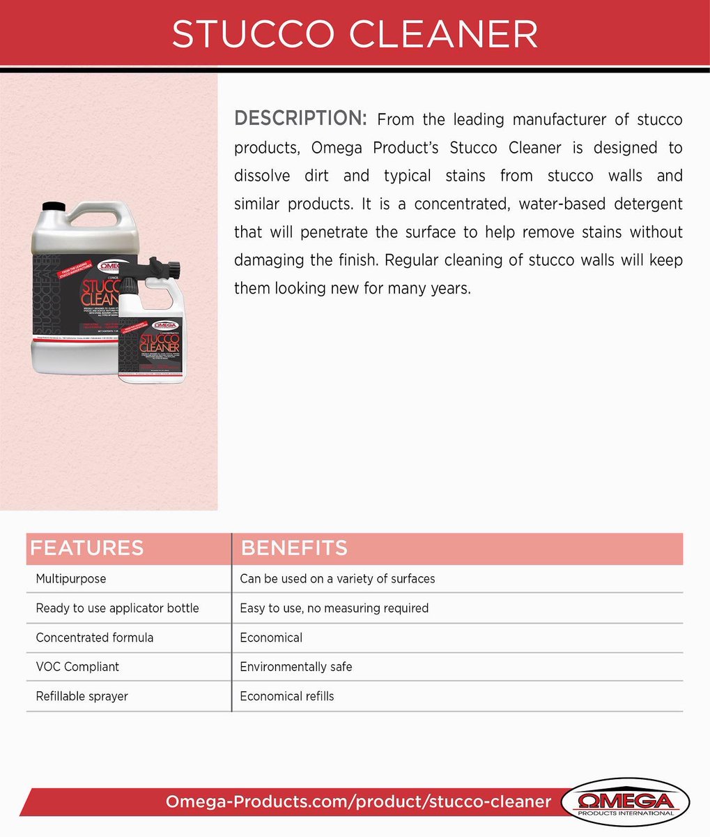 Omega Product’s Stucco Cleaner is designed to dissolve dirt and typical stains from stucco walls and similar products.

#omegaproducts #abcs #stuccocleaner #admixes #bonders #cleaners #sealers #buildingmaterials #americanmade