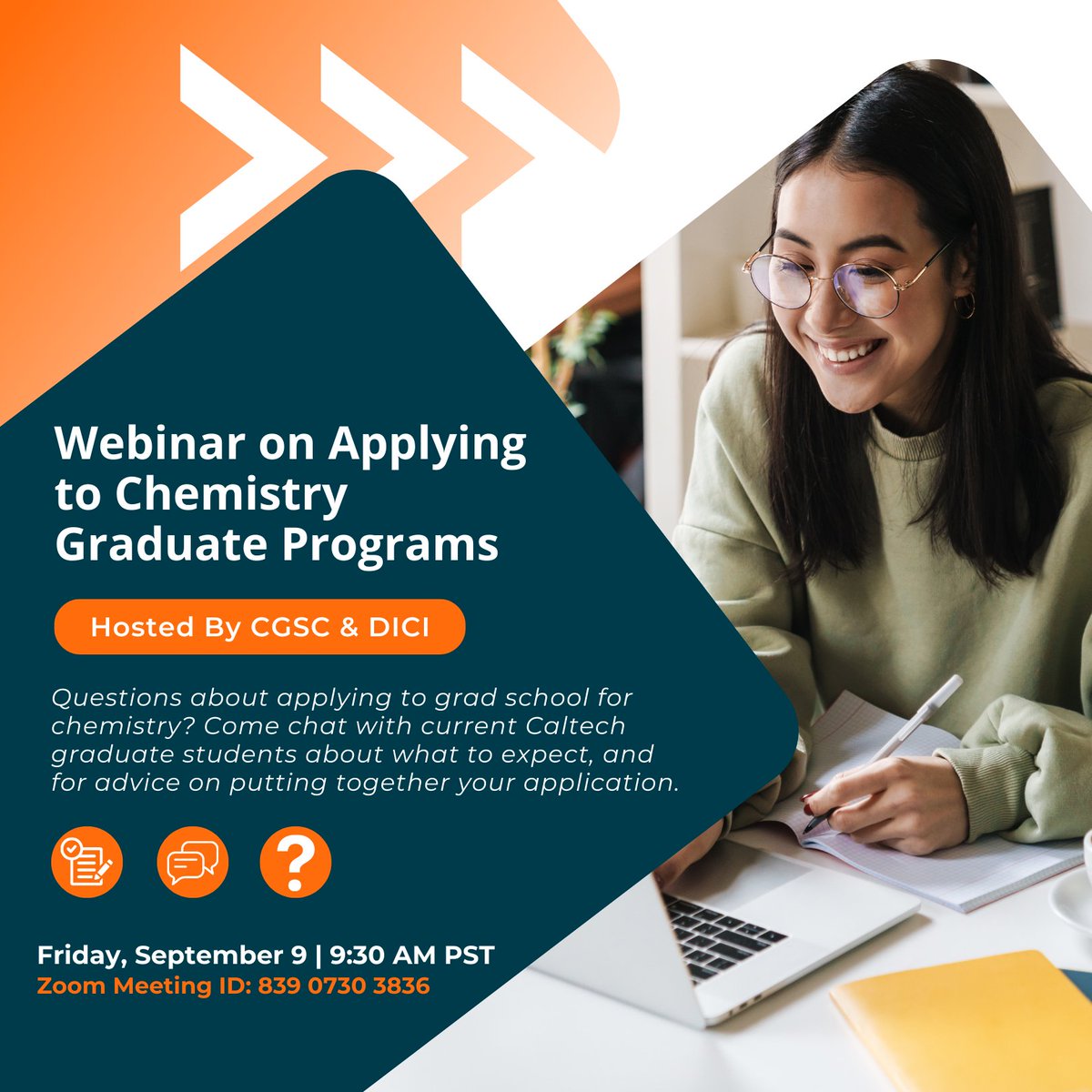 Do you have questions about applying to #chemistry graduate schools? CGSC and @CaltechDICI are hosting a webinar answering all of your burning #gradschool application questions with help from current @Caltech students. 📅: Fri., Sept. 9 ⏰: 9:30am PST 📍: Zoom