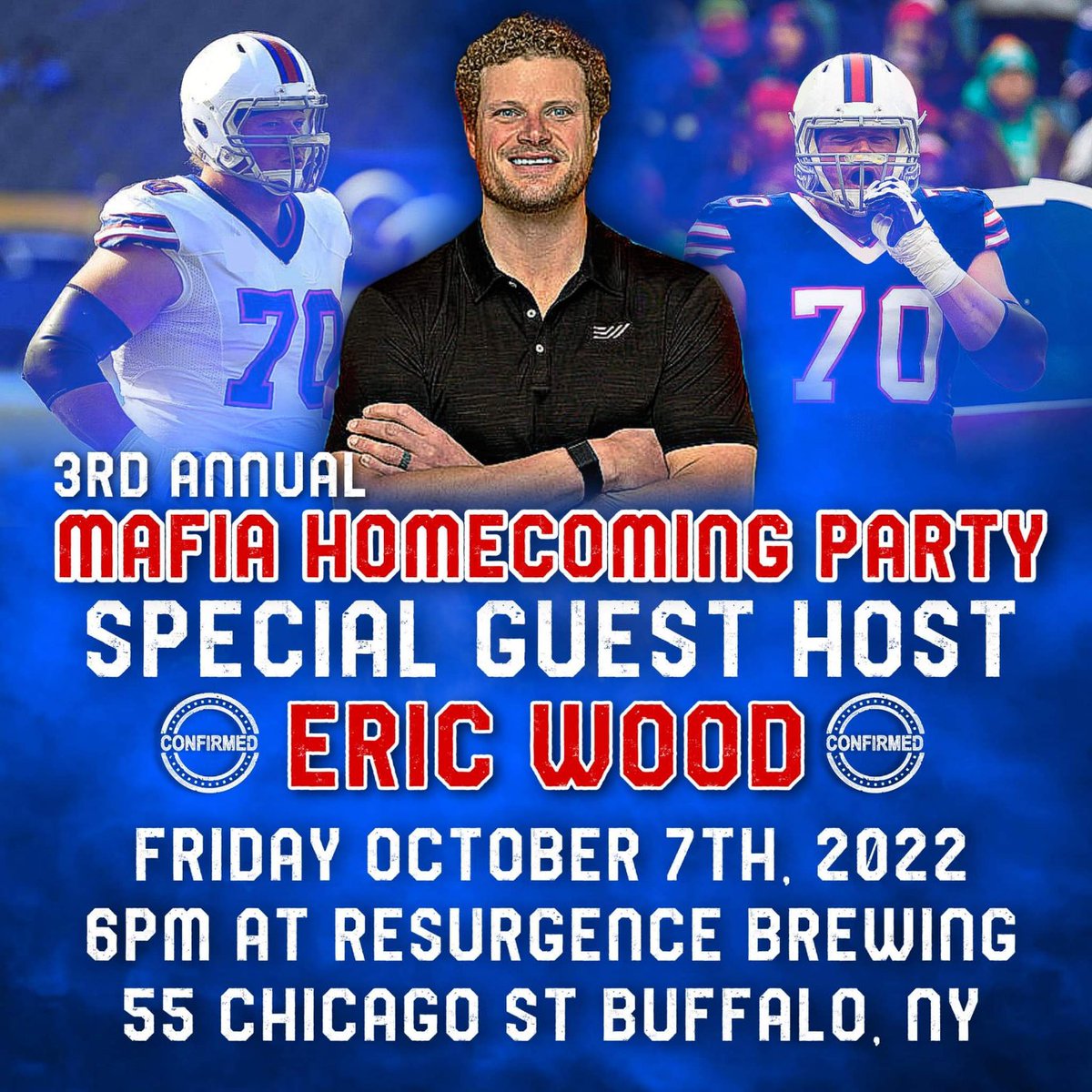 mafiahomecoming's tweet photo. 🚨 Announcement 🚨
This year's special guest host for the 3rd annual Mafia Homecoming Party will be former #Bills Center &amp; current radio analyst @EWood70 ‼️

Tickets go on sale tonight at 7pm ET

Bigger. Better. Buffalo 
#Mafiahomecoming 
#BillsMafia 
#EricWood https://t.co/wap0YzFJpG