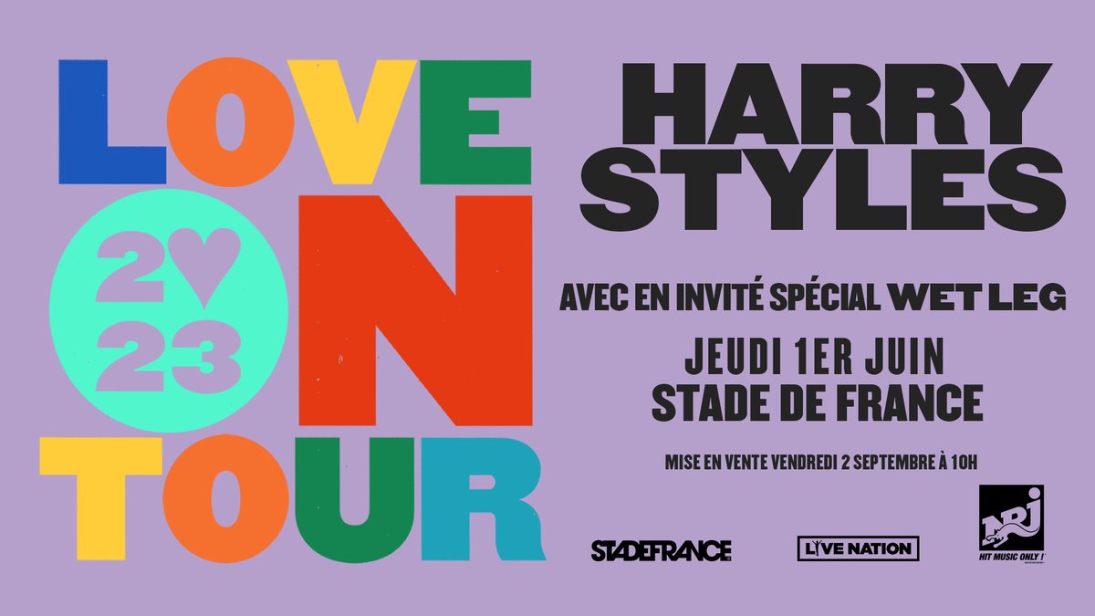 [ANNONCE] Suite à l’incroyable demande et au succès de sa tournée 2022, <a href="/Harry_Styles/">Harry Styles.</a> a annoncé poursuivre sa tournée #LoveOnTour et s'arrêtera le 1er juin 2023 au <a href="/StadeFrance/">Stade de France</a>!
🎟️Prévente sur stadefrance.com le 1er septembre 10h
Un concert <a href="/LivenationFR/">Live Nation France</a>
#LoveOnTourParis