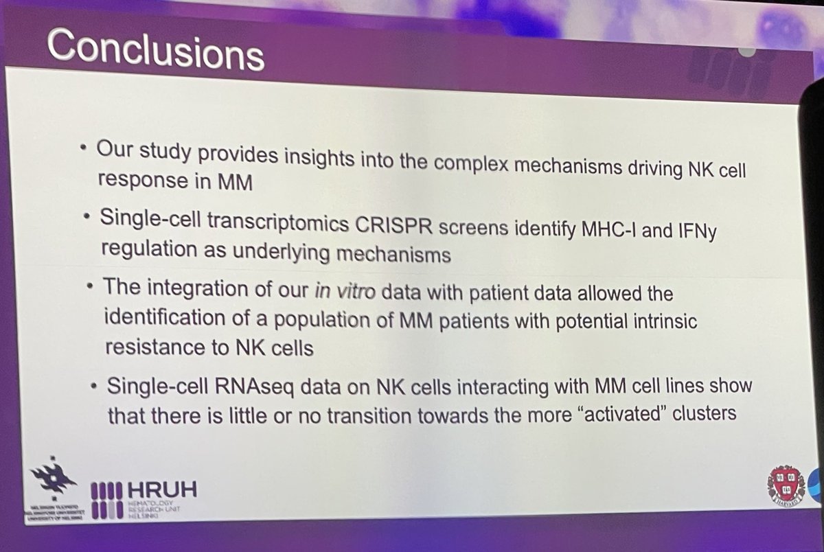 Beautiful presentation by Dr. Sara Gandolfi at #IMS22 on molecular dissection of mechanism of resistance to NK cells. Identification of CFLAR as a mechanism of resistance and of a group of high TRAF3 expressing cases refractory to NK killing #mmsm