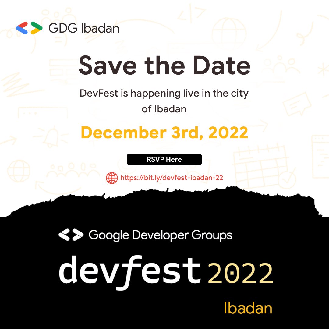 gdgibadan's tweet photo. We are excited to announce the date of Devfest Ibadan 2022. 

This year’s edition promises to be bigger and better, and it’s happening on 3rd of December, 2022.

We can’t wait to host you 🤩

RSVP here: https://t.co/g3T2yQ3w64

#DevfestIbadan22 #Devfest2022 #gdgibadan https://t.co/wxBeMmGjM5