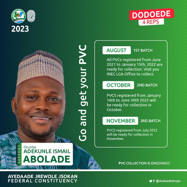 dodoede4reps's tweet photo. Your chance to change the course of things in Nigeria is now.

You have done so well to register for your PVC.

Collection is the ultimate action of the PVC acquisition.

Collect your PVC today.

#dodoede4reps #PVC https://t.co/E08ylYPrfZ