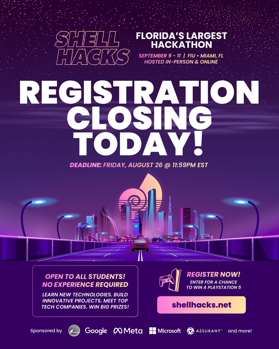 🚨 #ShellHacks registration is closing TODAY! Make sure to register tonight by 11:59pm EST and join over 1,500 students from Miami and around the world at Florida's largest hackathon! Register now at shellhacks.net #miamitech #hackathon 🌴