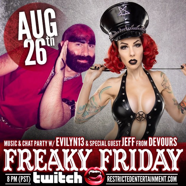evilyn_13's tweet image. Tonight I am joined by Jeff from #Devours at the RE-Penthouse on Twitch at 8pm PST m.twitch.tv/restrictedente… ❤️ Join us for all the fun tonight! #twitchstreamer #LiveStream #music
