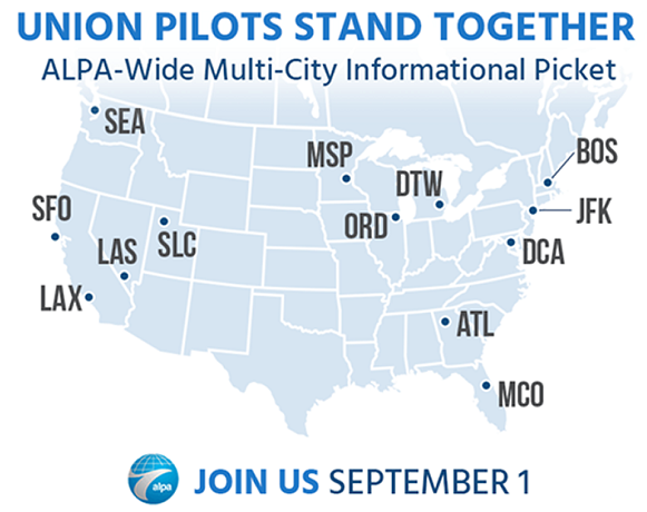 UnitedPilots's tweet photo. On September 1, demonstrate your commitment to the airline piloting profession by standing shoulder to shoulder in an ALPA-wide informational picket in support of our profession.

RSVP: https://t.co/gPYgoSSIFW

#WeAreALPA, #union, #unitedpilots, #unionstrong, #alpapilots, #1U https://t.co/RyExvo1VEo