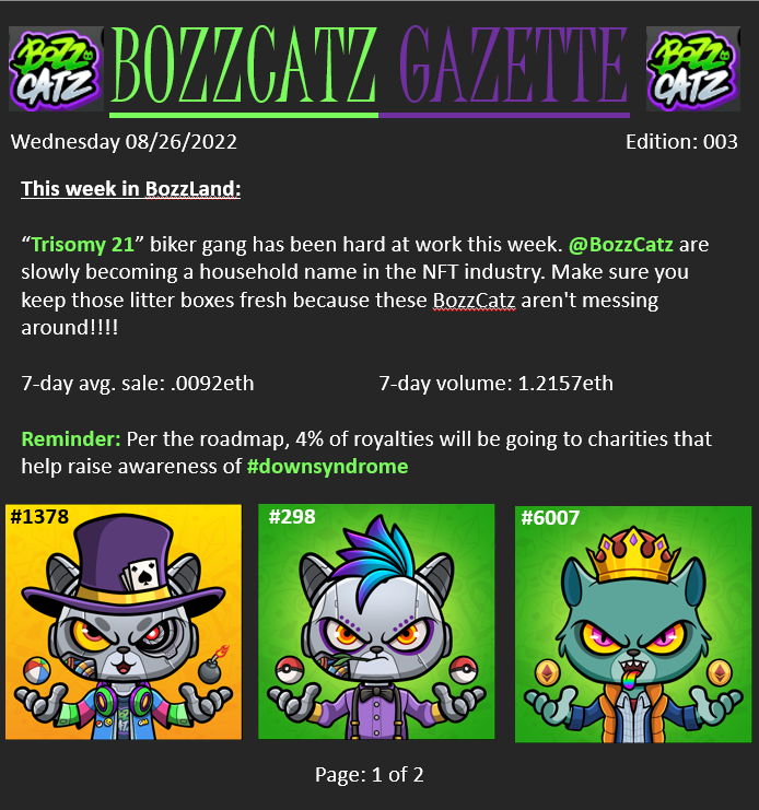MegaByteMike83's tweet photo. BOZZCATZ GAZETTE: EDITION 3

Please help us raise awareness. Follow &amp; RT

#DownSyndrome #Trisomy21 #BozzCatzGazette 

@Bozz_Catz @Mojis_NFT @Jdubb4bozzcatz https://t.co/m94m95IVgI