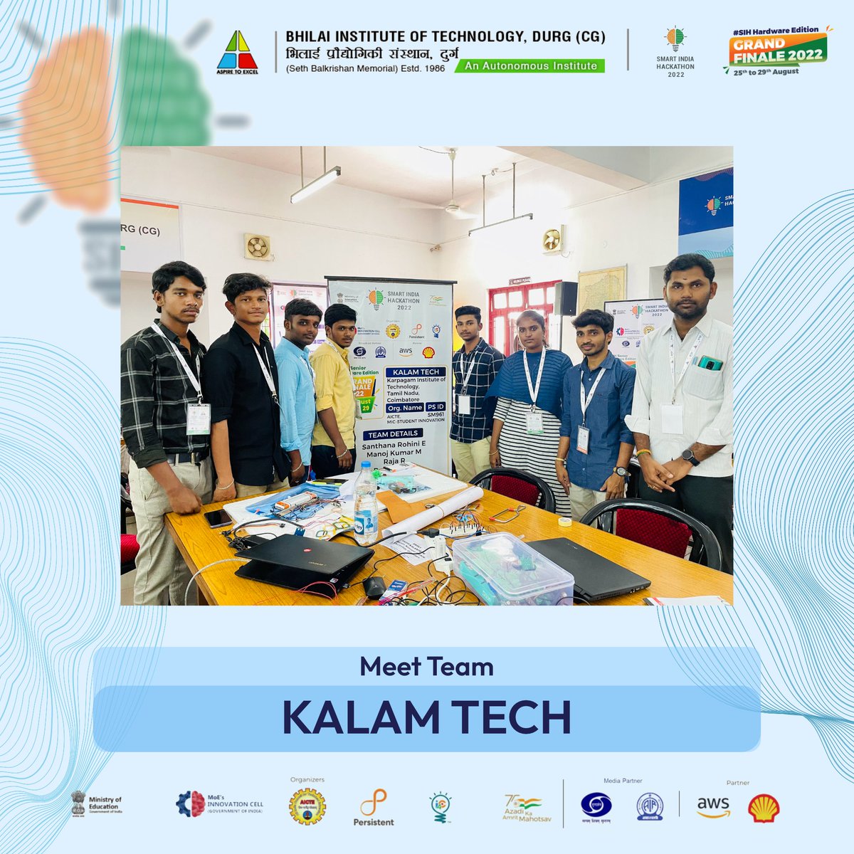 Bitdurgofficial's tweet photo. Meet Team KALAM TECH from 
Karpagan Institute of Technology participating in the Grand Finale of SIH2022 at BIT Durg.

#SIH2022 #InnovationSeAtmanirbharBharat #PM_ModiAtSIH
#bitdurg 
#kitizen #ilovekit
@narendramodi @PMOIndia @EduMinOfIndia @PIBHRD @mhrd_innovation
@krpagm_itech https://t.co/Z0WTaEchuL
