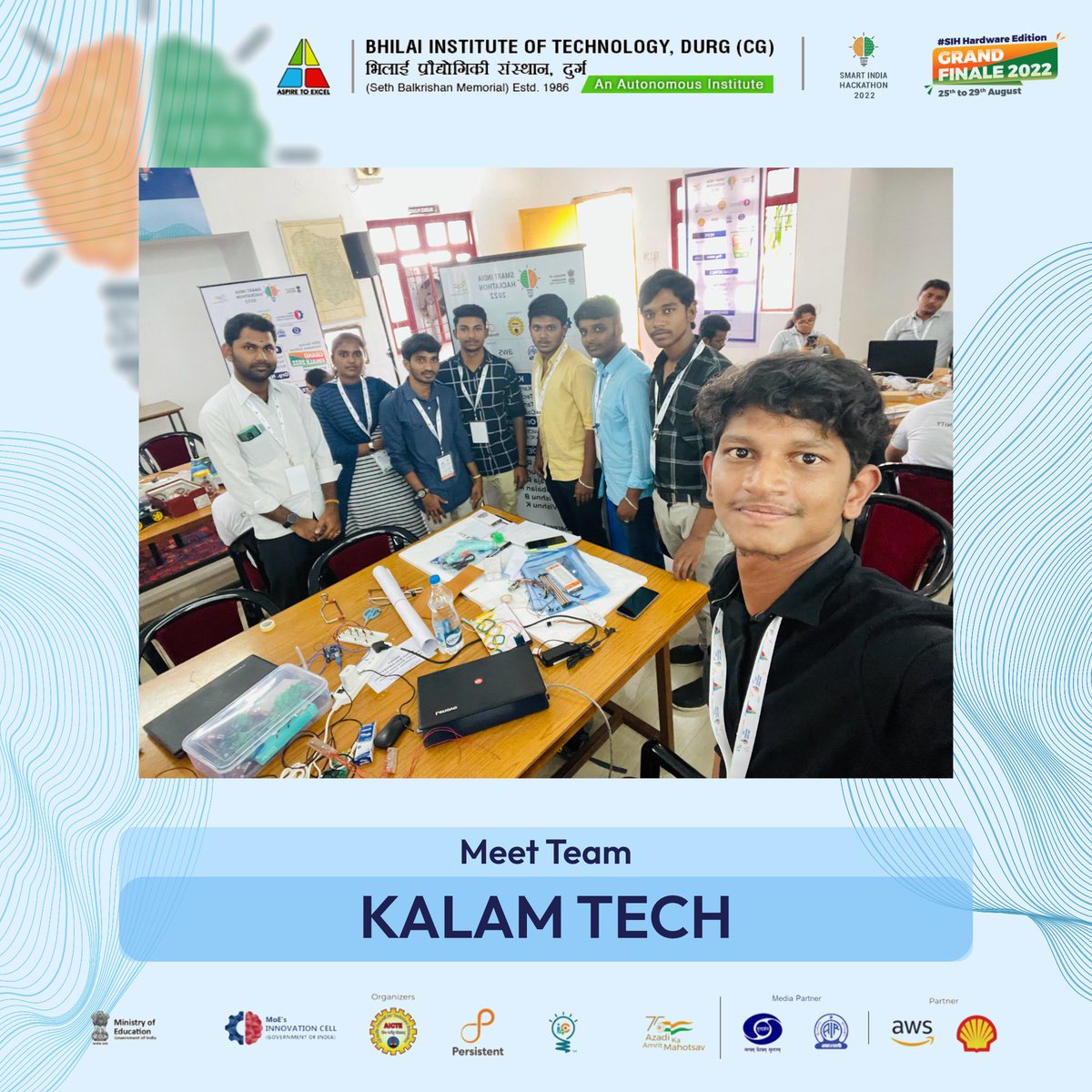 Bitdurgofficial's tweet photo. Meet Team KALAM TECH from 
Karpagan Institute of Technology participating in the Grand Finale of SIH2022 at BIT Durg.

#SIH2022 #InnovationSeAtmanirbharBharat #PM_ModiAtSIH
#bitdurg 
#kitizen #ilovekit
@narendramodi @PMOIndia @EduMinOfIndia @PIBHRD @mhrd_innovation
@krpagm_itech https://t.co/Z0WTaEchuL