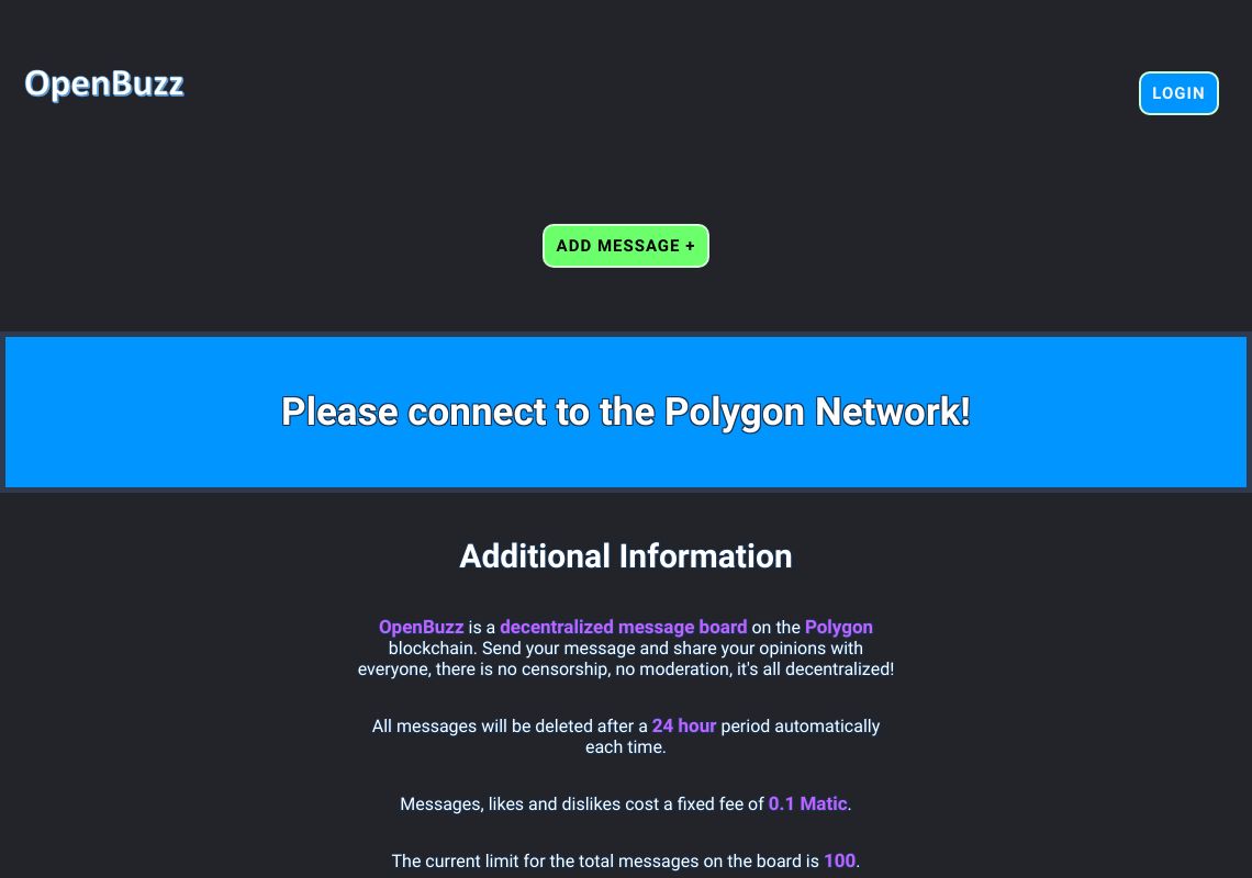 dwebsitesbot's tweet photo. 🚀  New dWebsite (26.8) 🚀 

OpenBuzz by @TheOpenBuzz: https://t.co/zqTgHlvnEa

OpenBuzz is a decentralized message board on the Polygon blockchain. Send your message and share your opinions with everyone, there is no censorship, no moderation, it's all decentralized! https://t.co/PZT7NMppMO