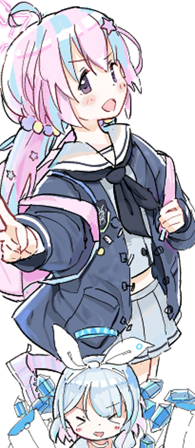 arona (blue archive) multiple girls 2girls pink hair backpack white background school uniform halo  illustration images