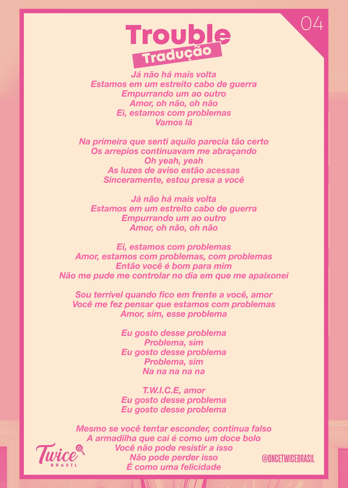 TWICE (NO) Brasil on X: 🗣 Tradução da letra de “Trouble” em PT-BR! Não  retire os créditos. #JIHYO escreveu e compôs a música. #BETWEEN1and2  #TalkThatTalk @JYPETWICE  / X