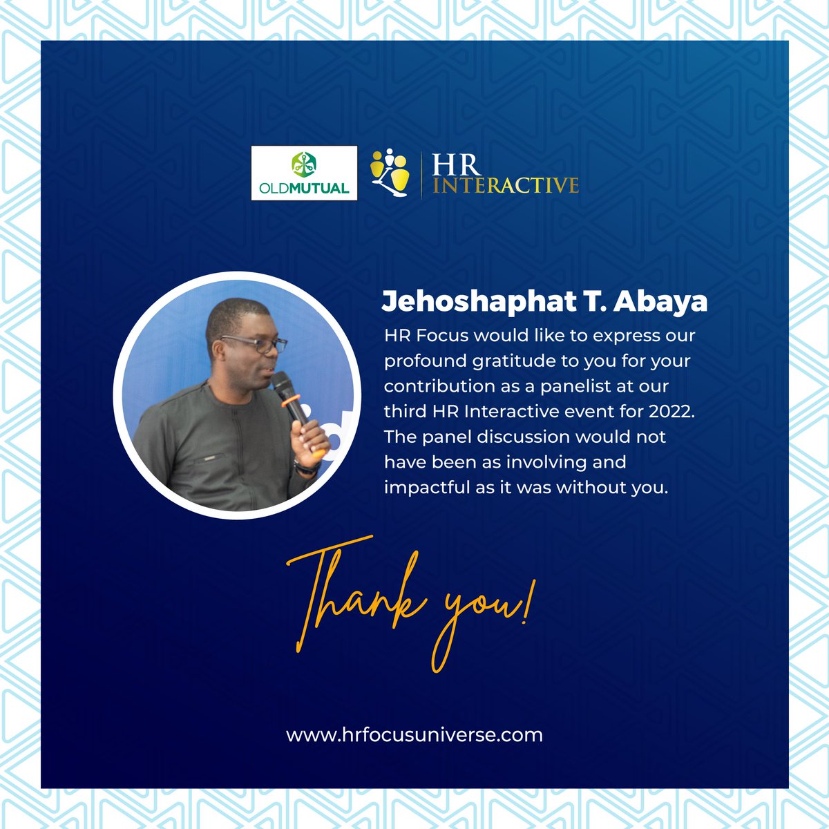 HRFocusU's tweet photo. Thank you Jehoshaphat T. Abaya, for taking time out of your busy schedule to engage with participants at this year's @oldmutualghana HR Interactive event.
#Hrinteractive https://t.co/FrofSKVC8N