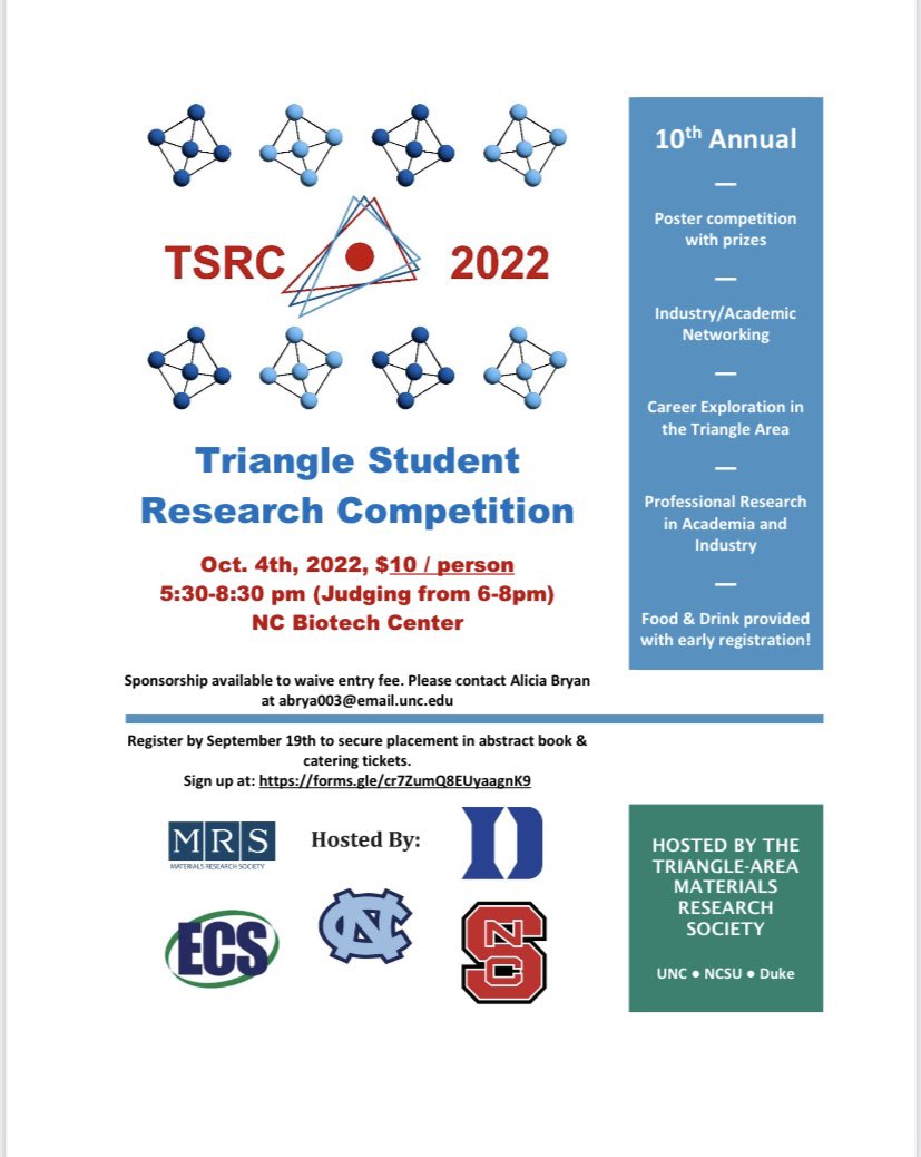 MRS_UNC's tweet image. The 10th annual Triangle Student Research Competition is coming up in October in RTP! Come to network with industry and/or share your materials-focused research! Register and submit abstracts by September 19th at forms.gle/cr7ZumQ8EUyaag…