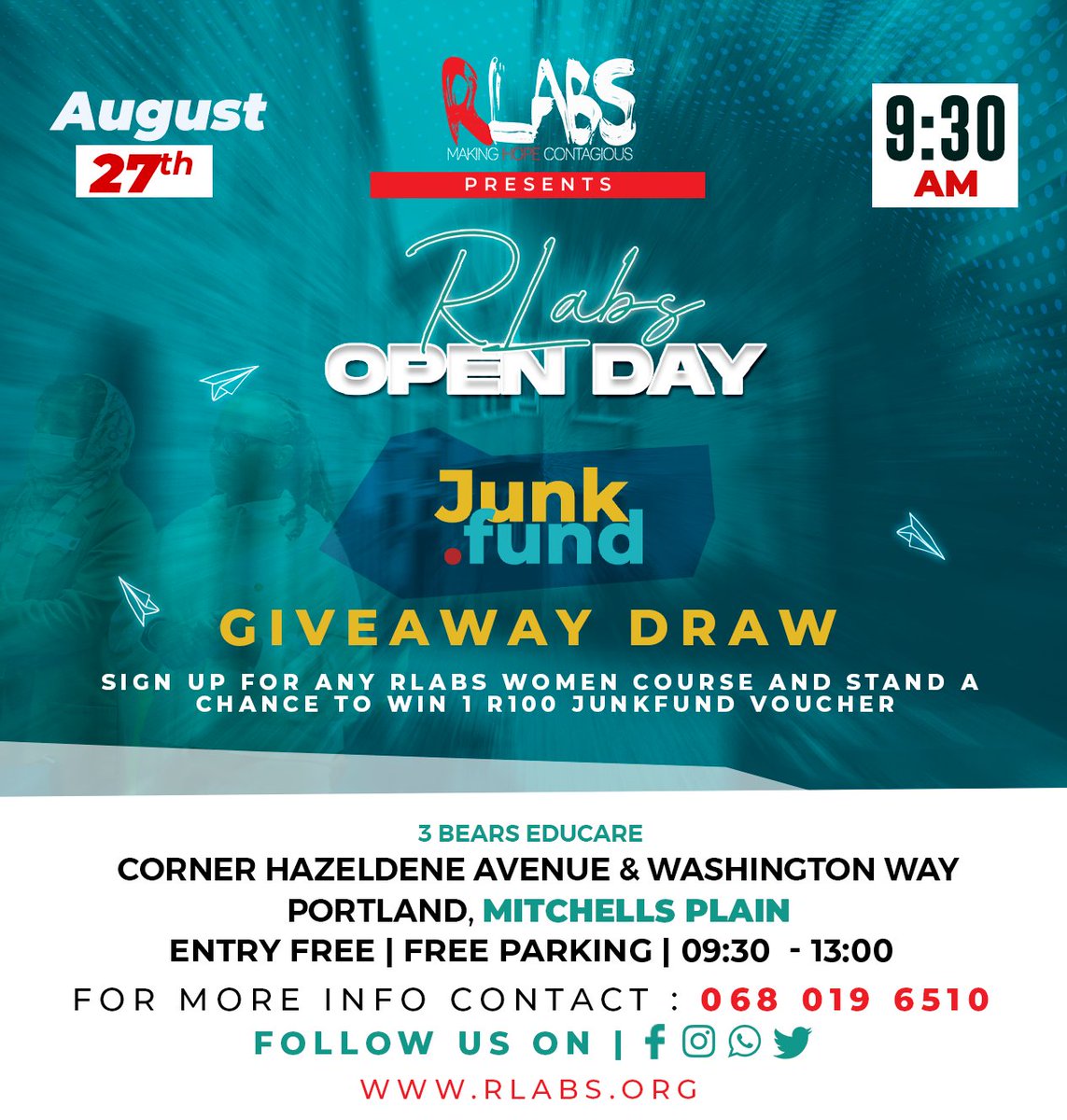 RLabs's tweet photo. There will be giveaways at our open day tomorrow which will include vouchers and prizes from many of our teams.😃🫢

Come an join us and stand a chance of winning.🙌

#MakingHOPEContagious #Expansion #OpenDay #RLabs2022 #CommunityOpportunity #MitchellsPlain #Portland #Giveaways https://t.co/4zfEkIPtbJ